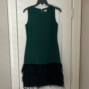 Women’s size 0 Cremieux formal dress, dark green with feather details